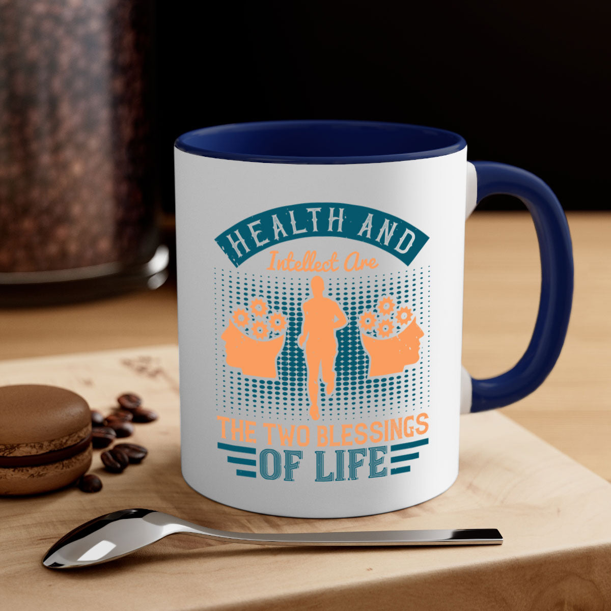Health and Intellect Style 36# Mug with colorful handle and glossy finish, available in multiple sizes.