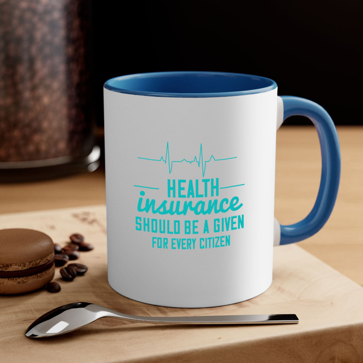 Health Insurance Should Be a Given for Every Citizen Style 43# Mug featuring a glossy finish, colored handle, and interior in five vibrant colors.