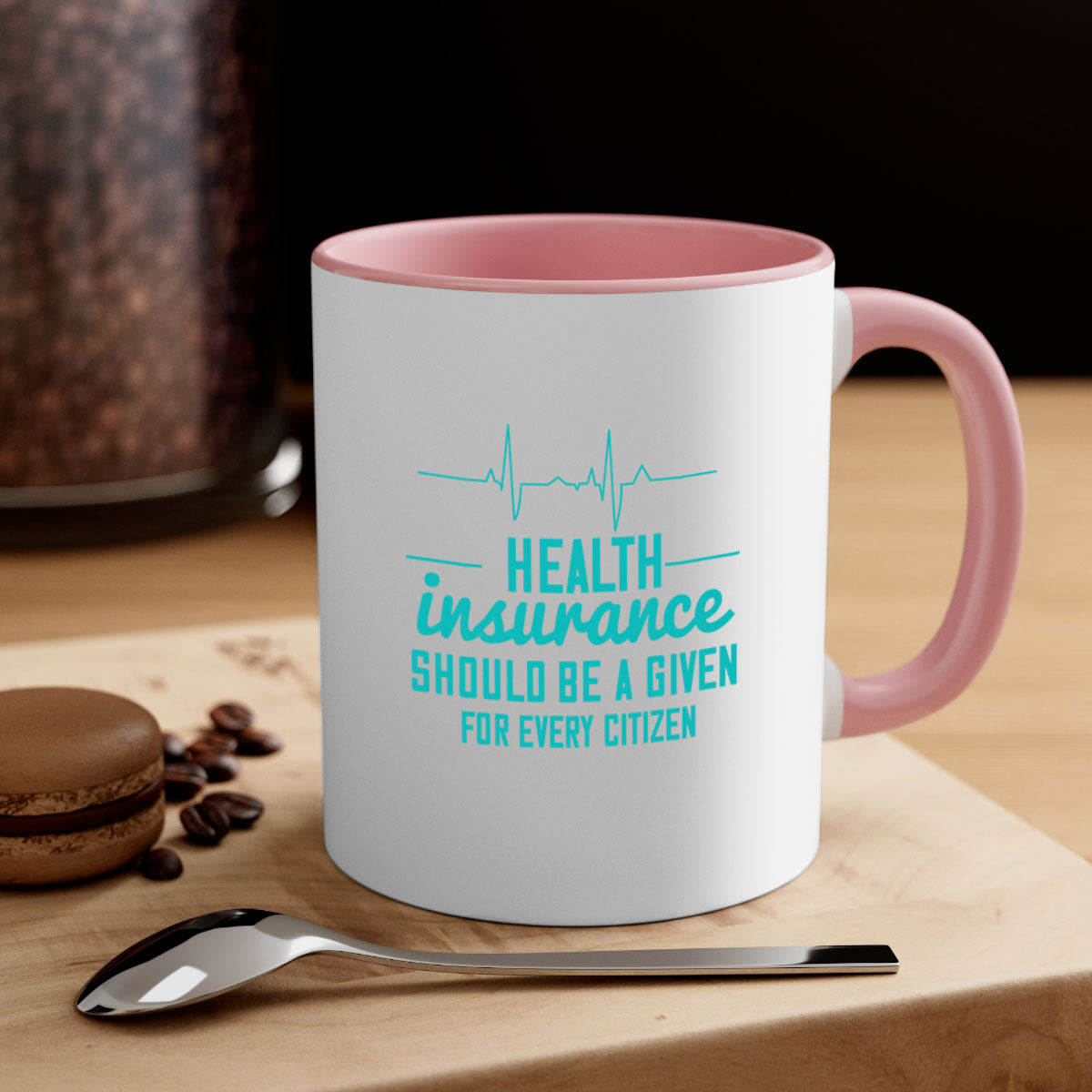 Health Insurance Should Be a Given for Every Citizen Style 43# Mug featuring a glossy finish, colored handle, and interior in five vibrant colors.
