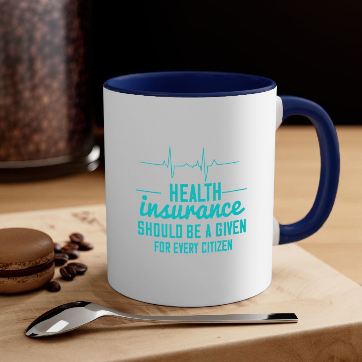 Health Insurance Should Be a Given for Every Citizen Style 43# Mug featuring a glossy finish, colored handle, and interior in five vibrant colors.