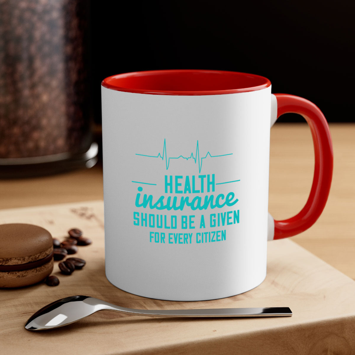 Health Insurance Should Be a Given for Every Citizen Style 43# Mug featuring a glossy finish, colored handle, and interior in five vibrant colors.