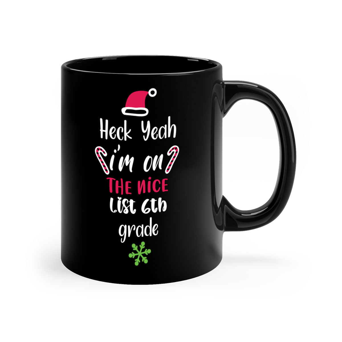 A colorful two-tone ceramic mug with the phrase 'Heck Yeah I'm on the Nice List' printed on it, featuring a glossy finish and a C-shaped handle.