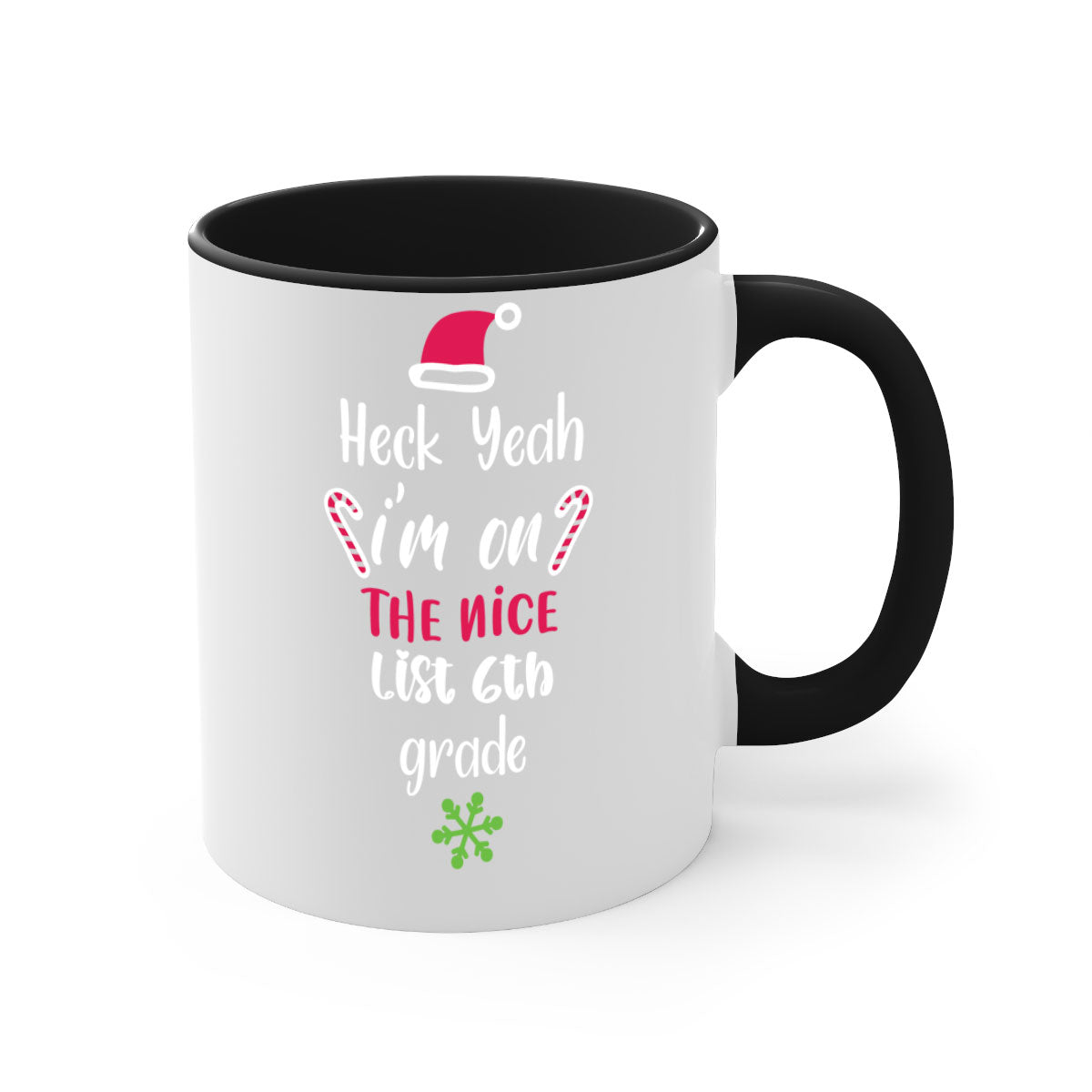 A colorful two-tone ceramic mug with the phrase 'Heck Yeah I'm on the Nice List' printed on it, featuring a glossy finish and a C-shaped handle.