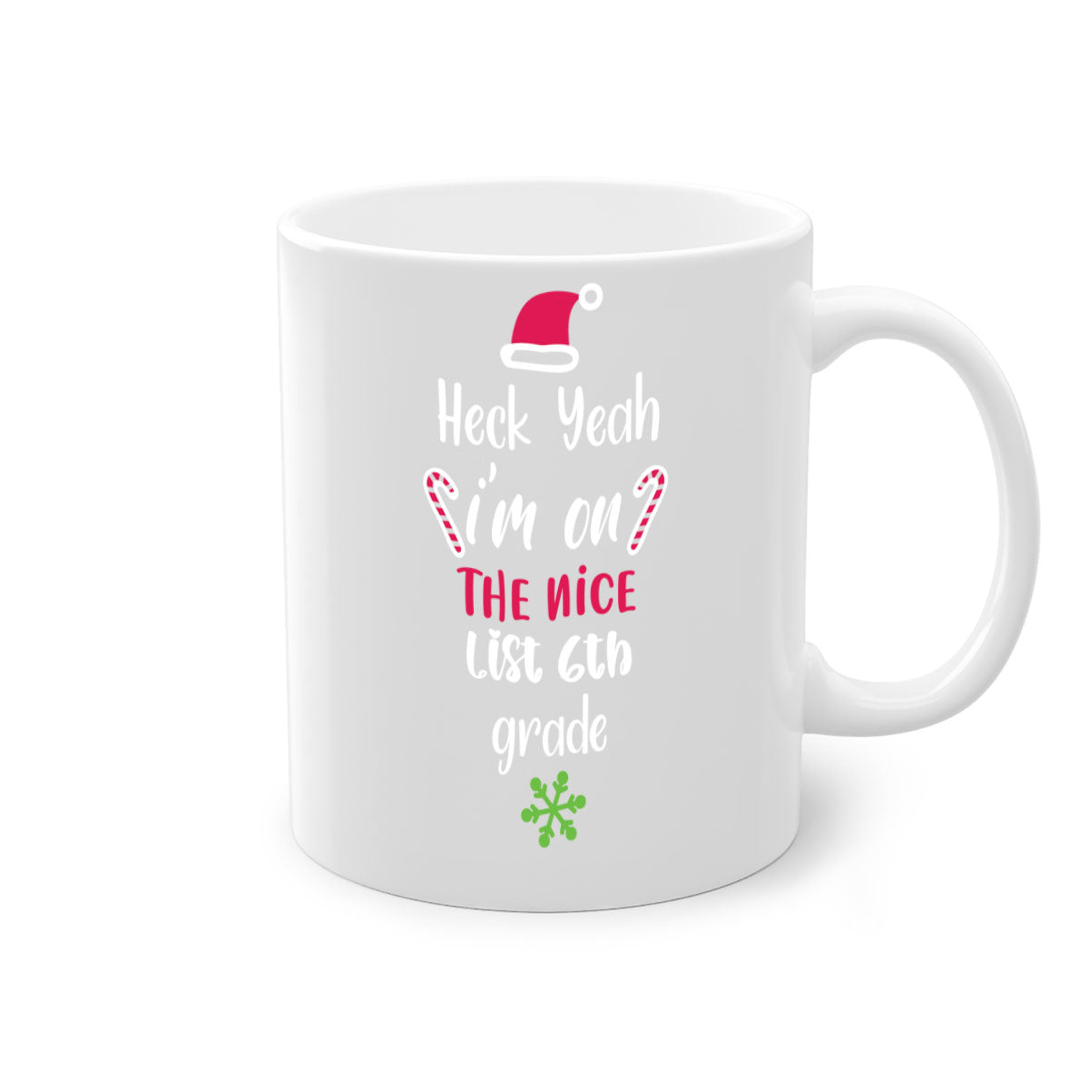 A colorful two-tone ceramic mug with the phrase 'Heck Yeah I'm on the Nice List' printed on it, featuring a glossy finish and a C-shaped handle.