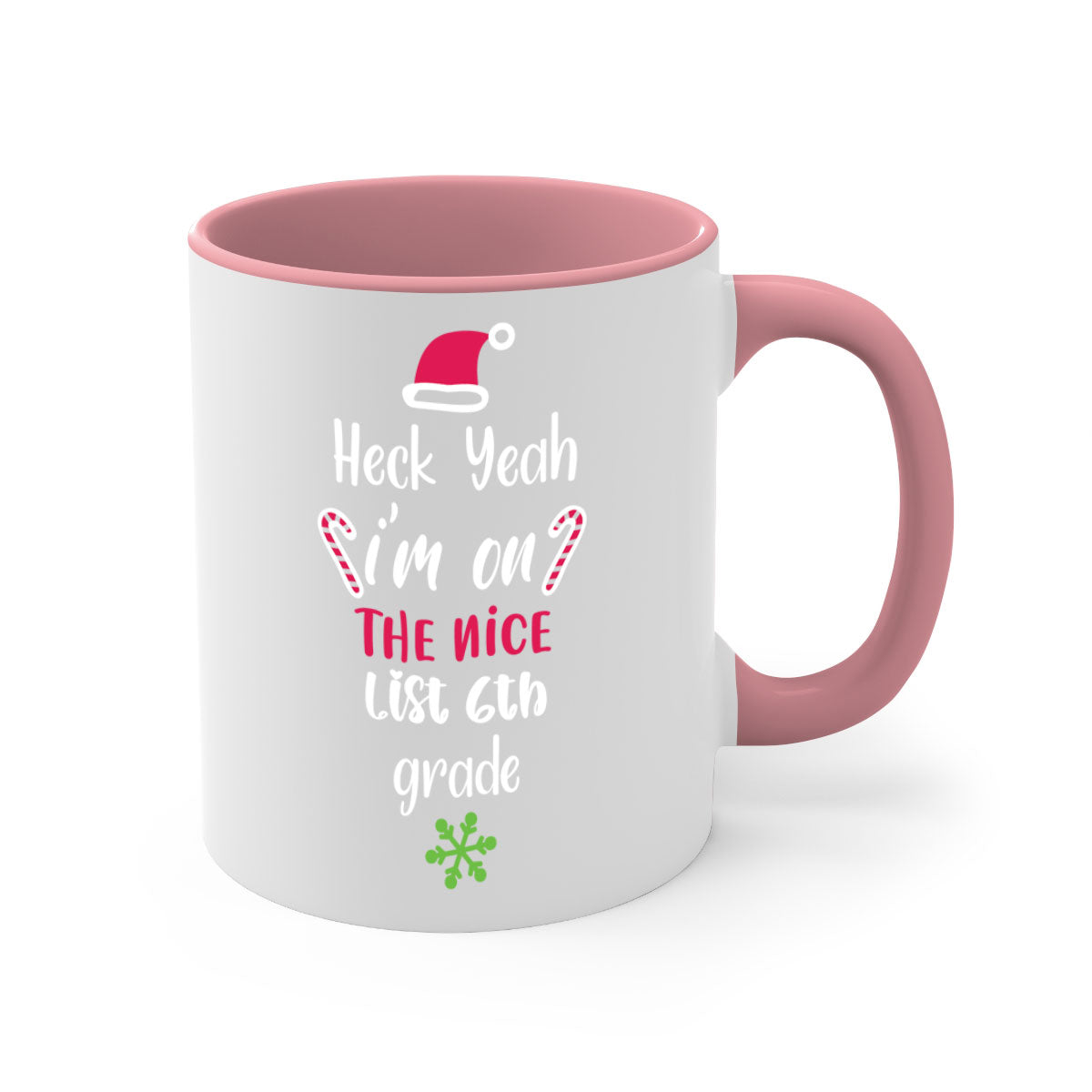 A colorful two-tone ceramic mug with the phrase 'Heck Yeah I'm on the Nice List' printed on it, featuring a glossy finish and a C-shaped handle.