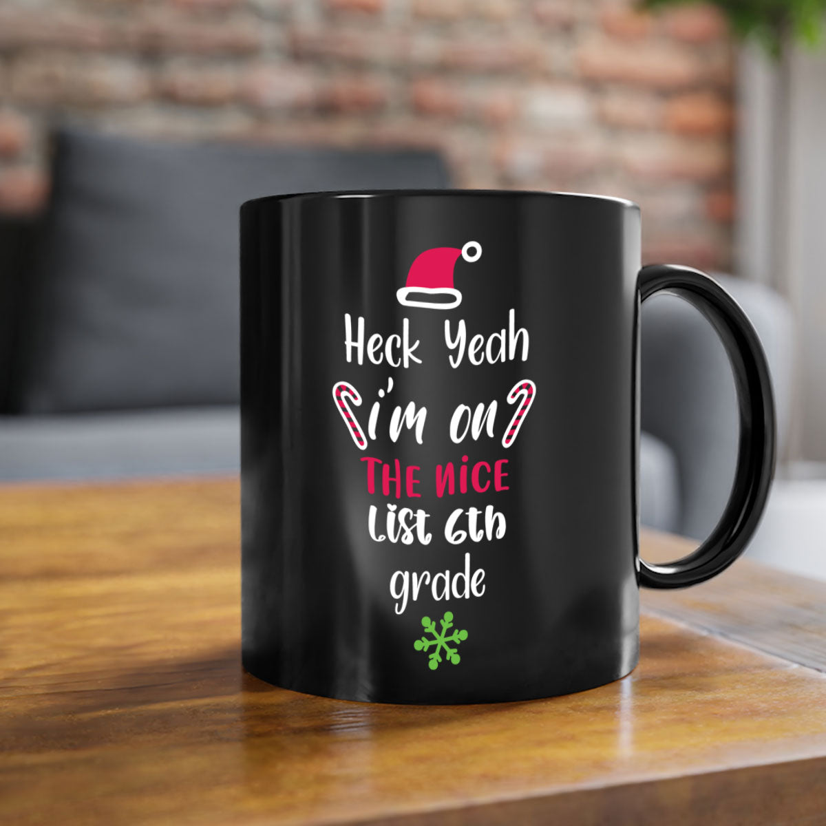 A colorful two-tone ceramic mug with the phrase 'Heck Yeah I'm on the Nice List' printed on it, featuring a glossy finish and a C-shaped handle.