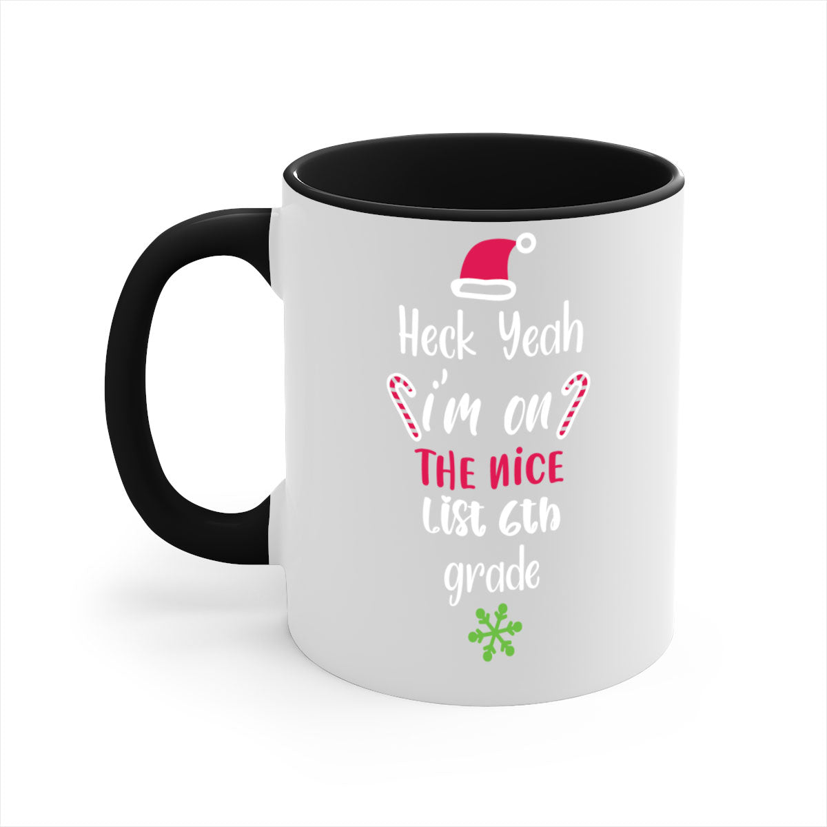 A colorful two-tone ceramic mug with the phrase 'Heck Yeah I'm on the Nice List' printed on it, featuring a glossy finish and a C-shaped handle.