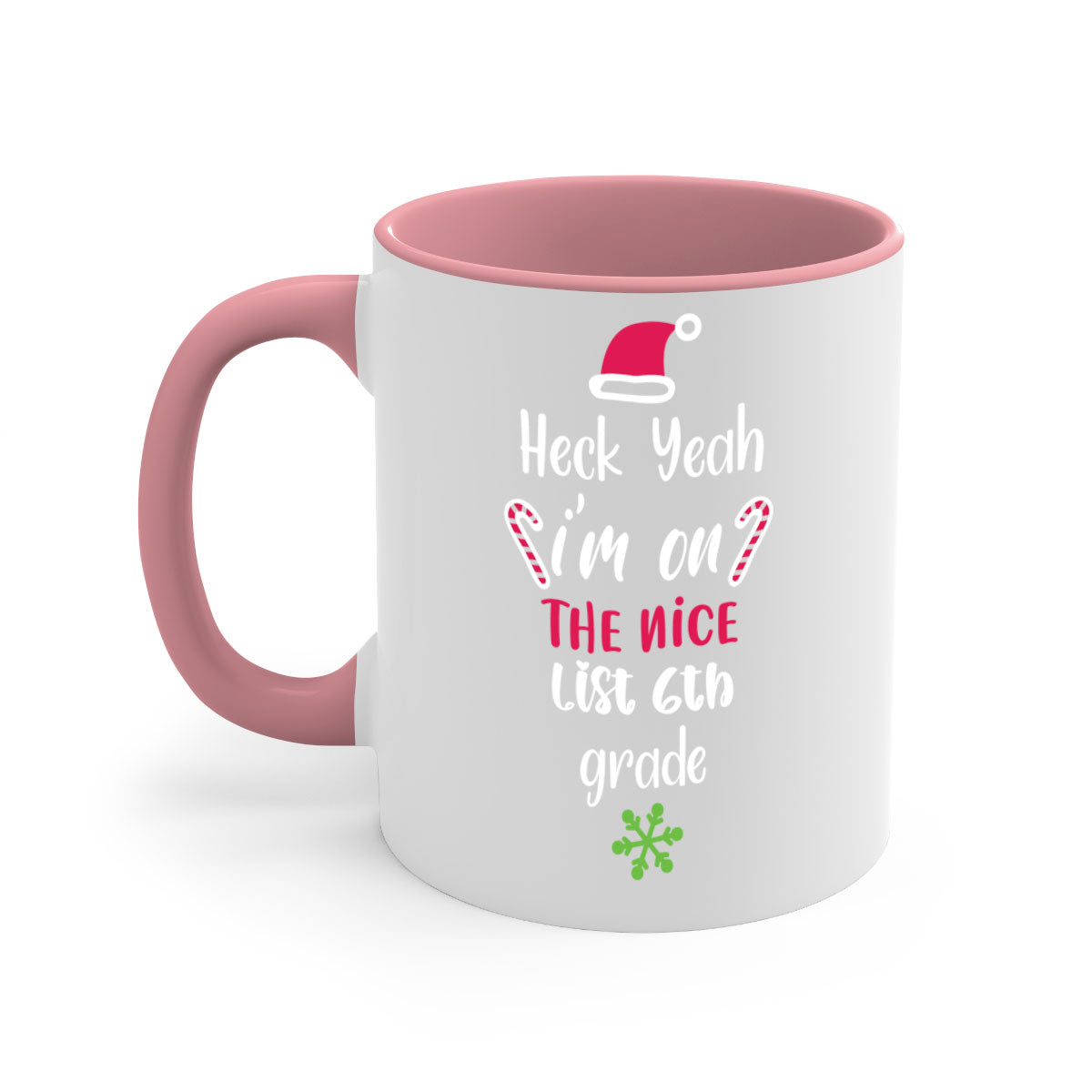 A colorful two-tone ceramic mug with the phrase 'Heck Yeah I'm on the Nice List' printed on it, featuring a glossy finish and a C-shaped handle.