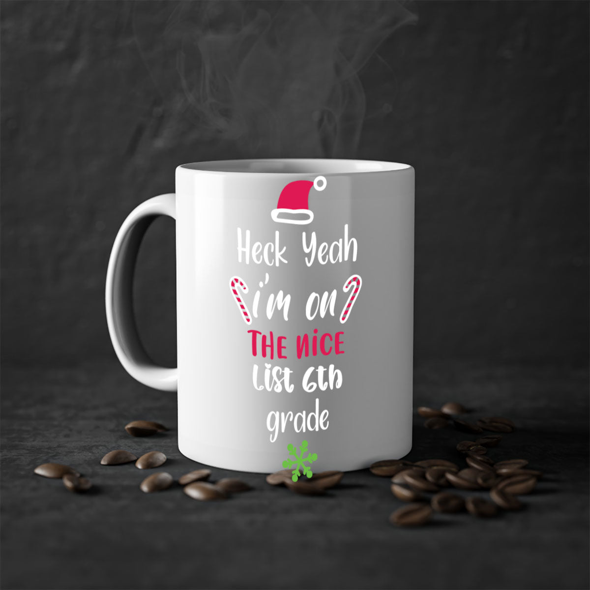 A colorful two-tone ceramic mug with the phrase 'Heck Yeah I'm on the Nice List' printed on it, featuring a glossy finish and a C-shaped handle.
