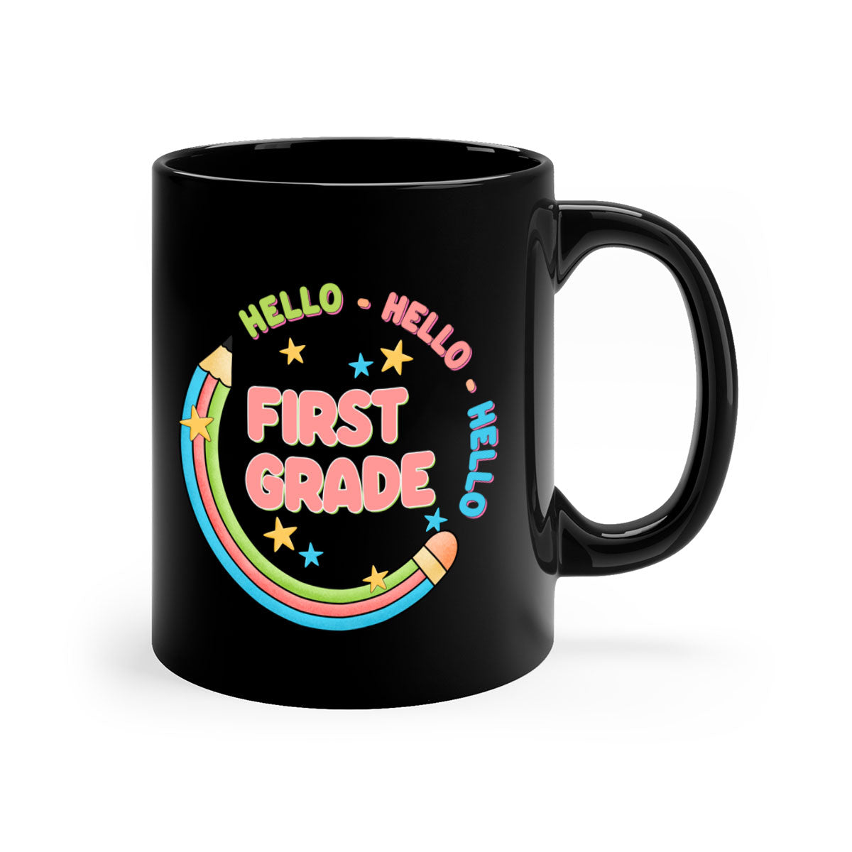 Hello 1st Grade Pencil Mug with colorful handle and glossy finish, available in multiple colors and sizes.