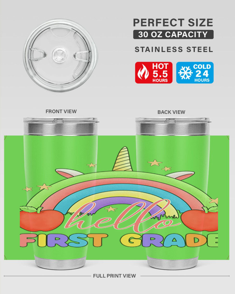 Hello 1st Grade Unicorn Rainbow Tumbler featuring vibrant colors and a fun design, perfect for kids and adults.