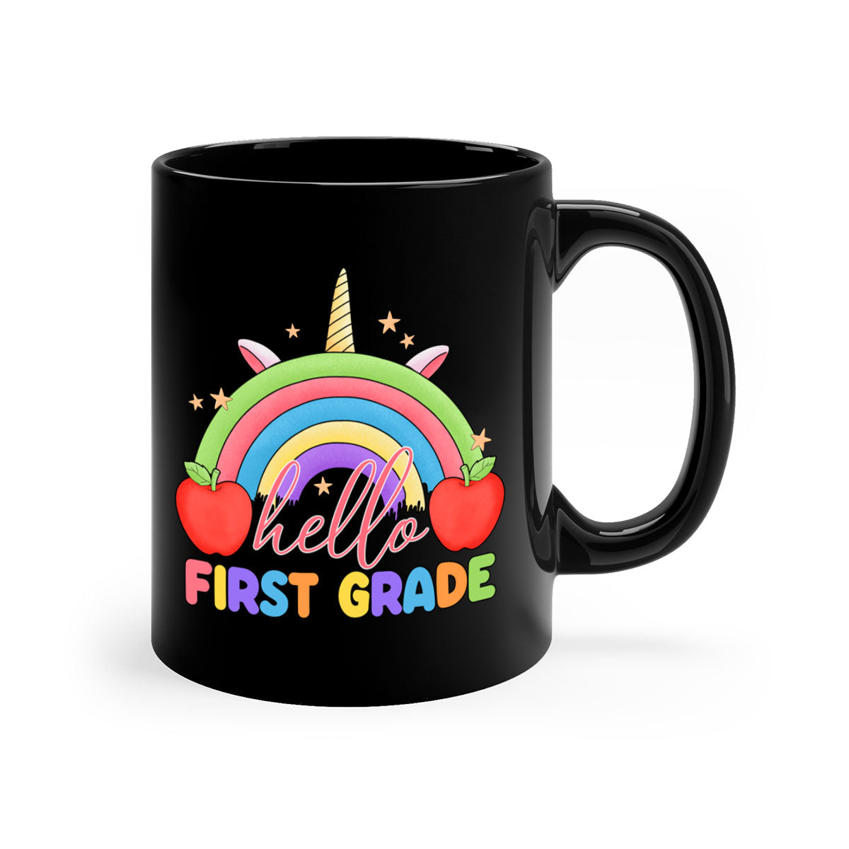 Hello 1st Grade Unicorn Rainbow Mug with colorful handle and glossy finish, perfect for coffee or tea.