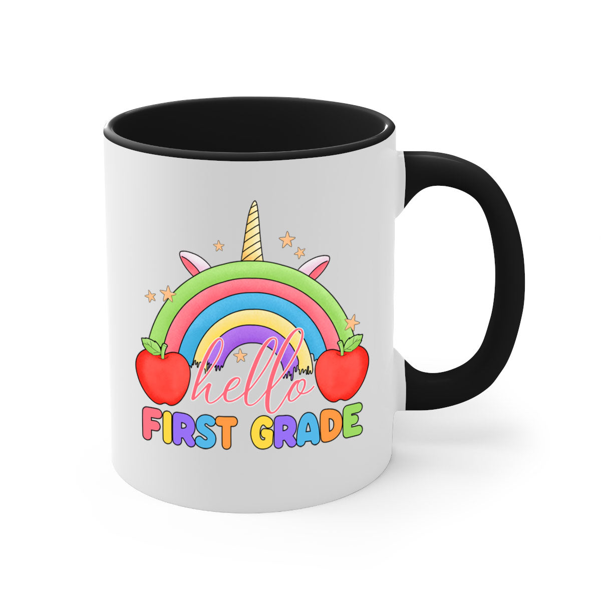 Hello 1st Grade Unicorn Rainbow Mug with colorful handle and glossy finish, perfect for coffee or tea.