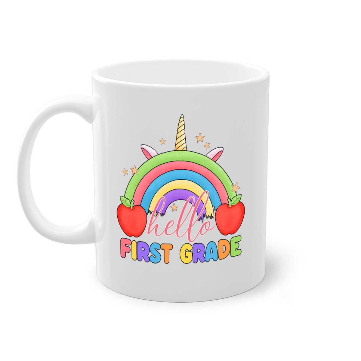 Hello 1st Grade Unicorn Rainbow Mug with colorful handle and glossy finish, perfect for coffee or tea.