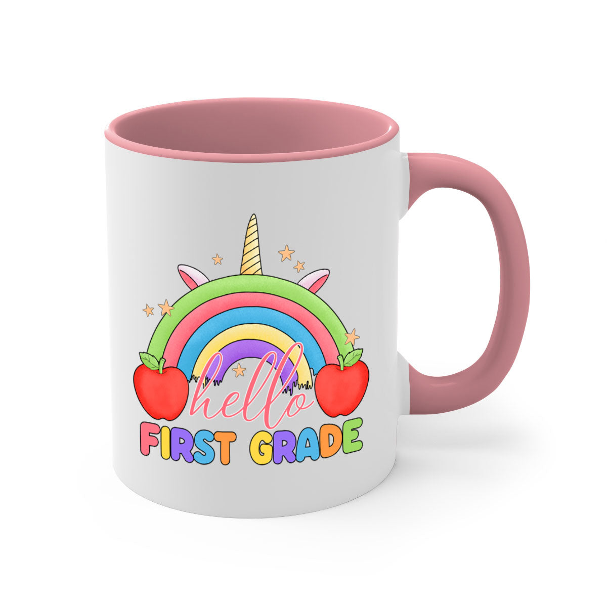 Hello 1st Grade Unicorn Rainbow Mug with colorful handle and glossy finish, perfect for coffee or tea.