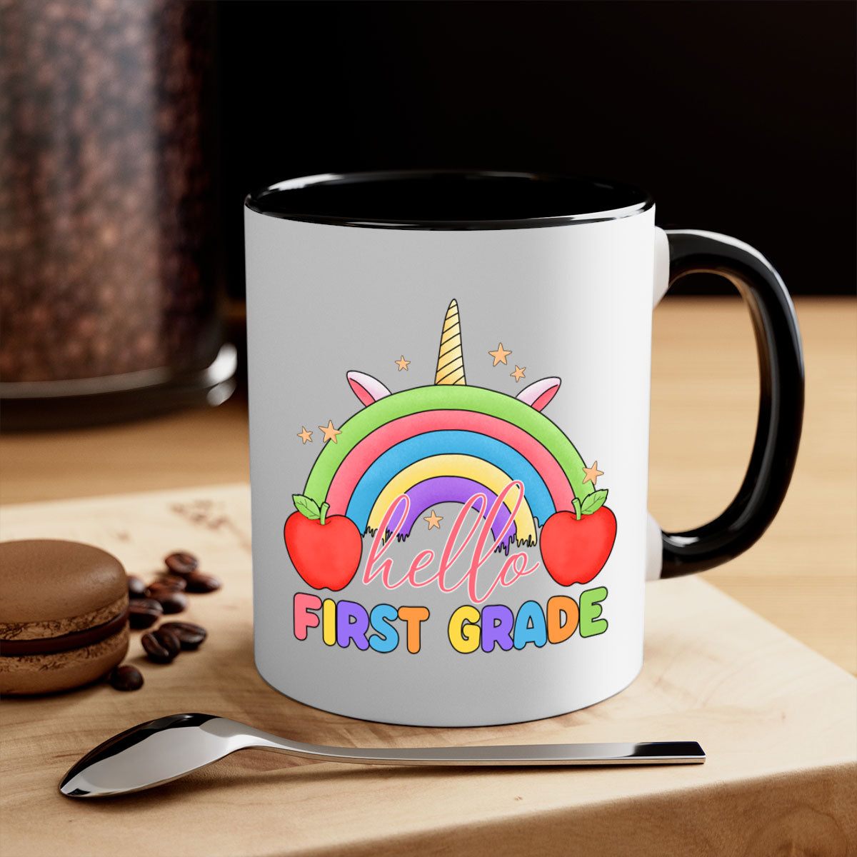 Hello 1st Grade Unicorn Rainbow Mug with colorful handle and glossy finish, perfect for coffee or tea.