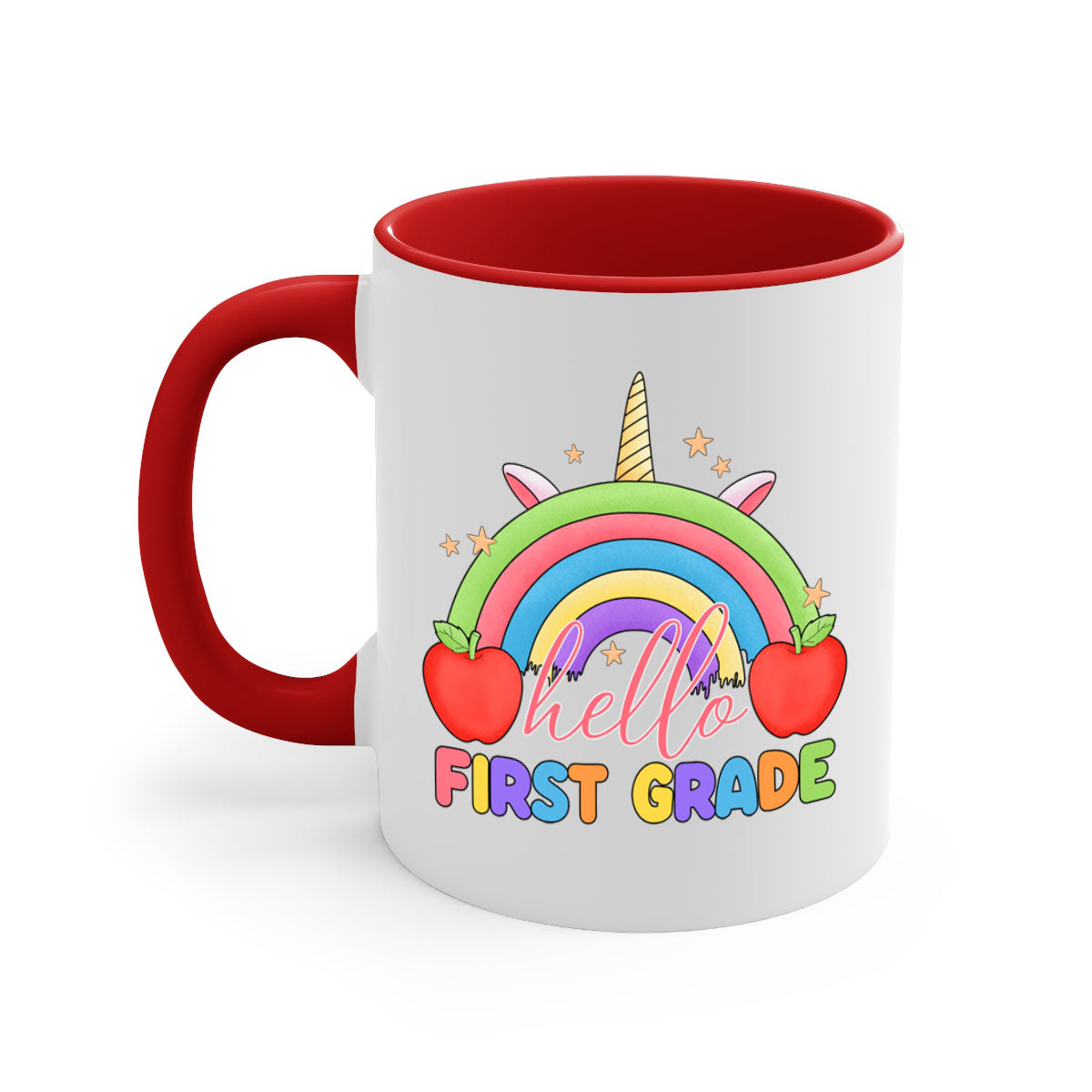 Hello 1st Grade Unicorn Rainbow Mug with colorful handle and glossy finish, perfect for coffee or tea.