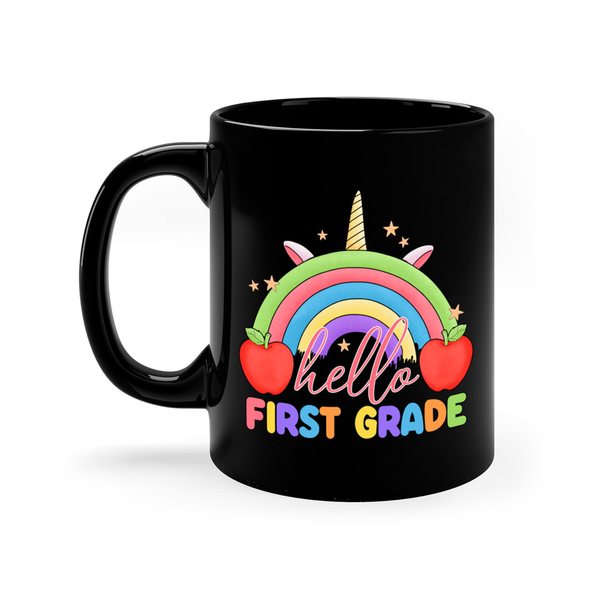 Hello 1st Grade Unicorn Rainbow Mug with colorful handle and glossy finish, perfect for coffee or tea.