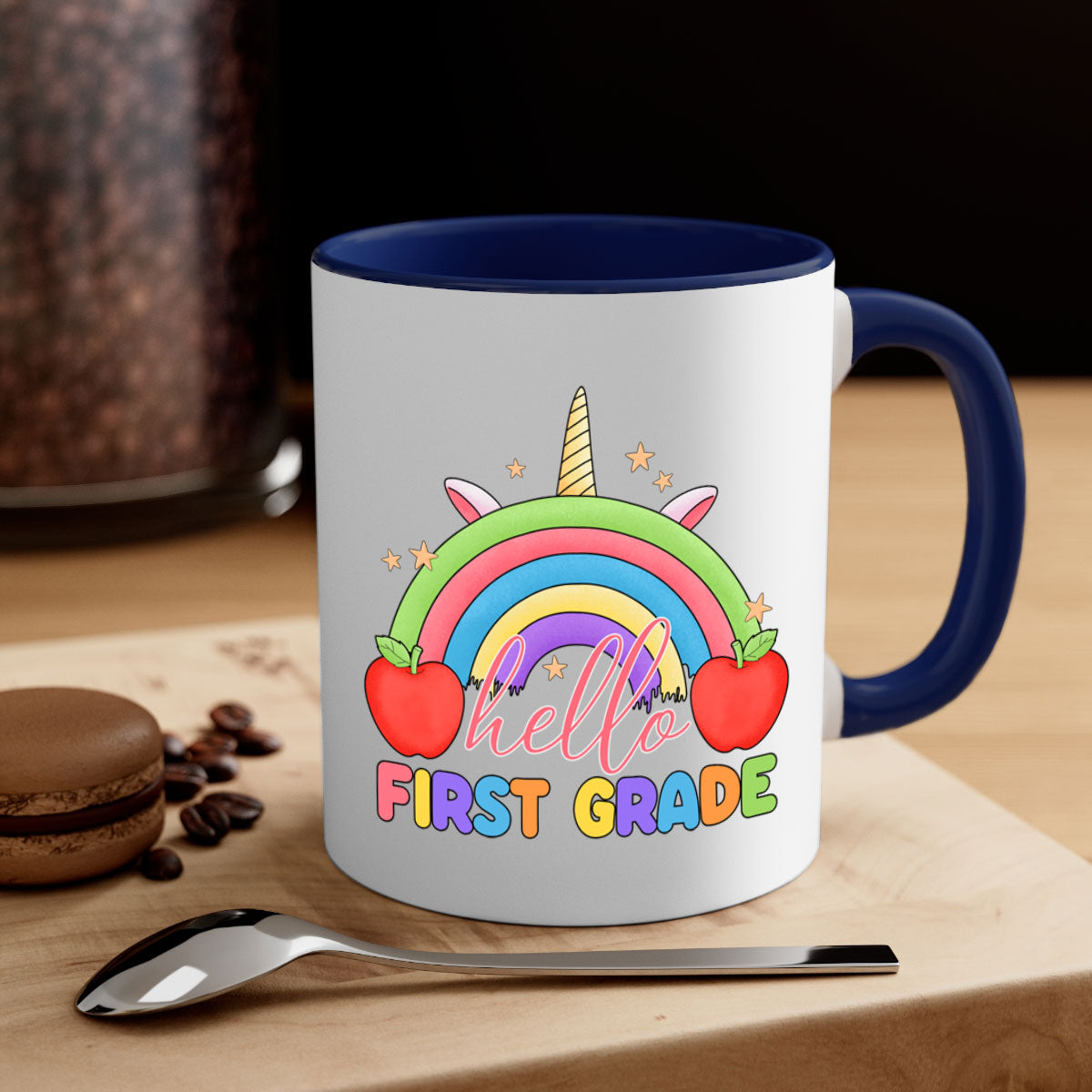Hello 1st Grade Unicorn Rainbow Mug with colorful handle and glossy finish, perfect for coffee or tea.