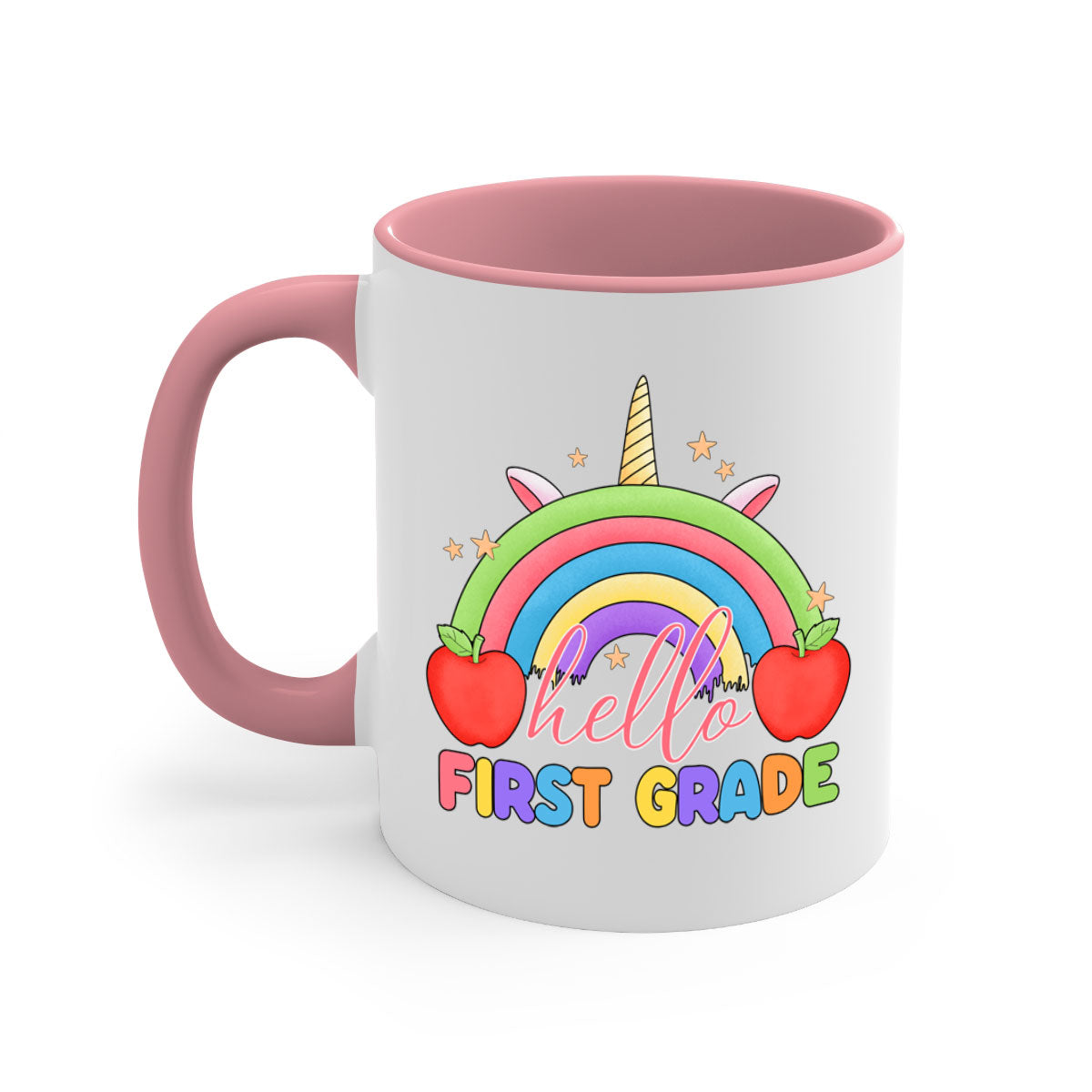 Hello 1st Grade Unicorn Rainbow Mug with colorful handle and glossy finish, perfect for coffee or tea.