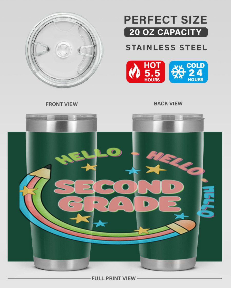 Hello 2nd Grade Pencil 10# tumbler in vibrant colors, showcasing a pencil design, made of stainless steel with a drink-thru lid.