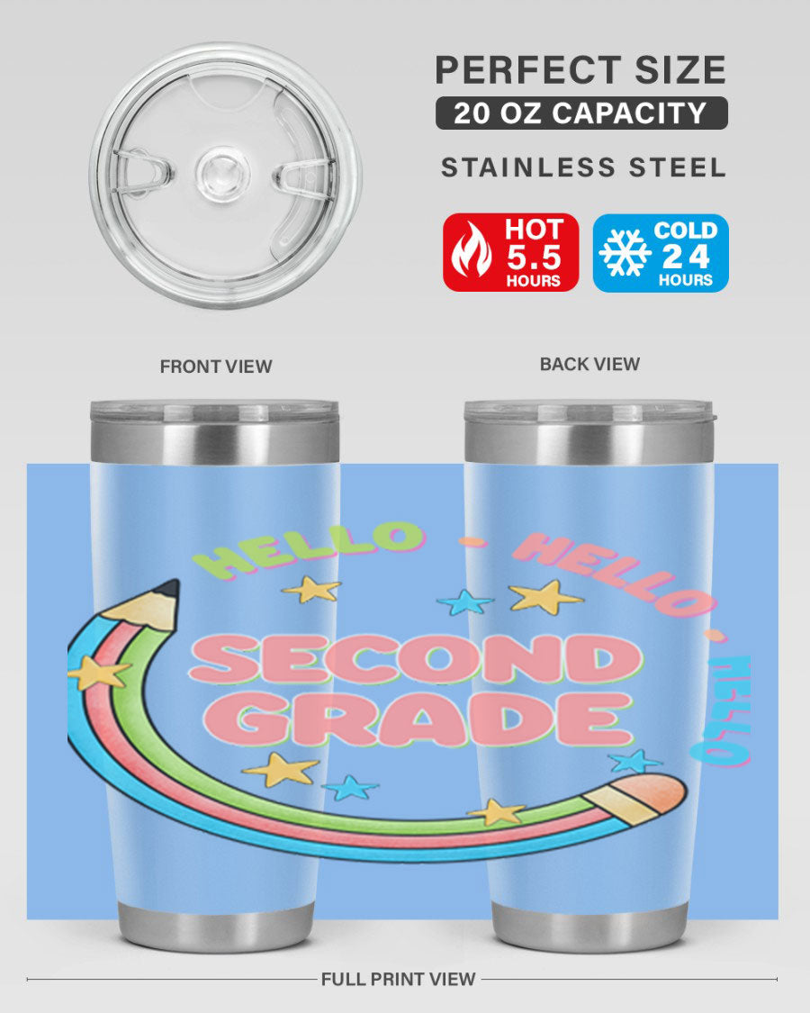 Hello 2nd Grade Pencil 10# tumbler in vibrant colors, showcasing a pencil design, made of stainless steel with a drink-thru lid.