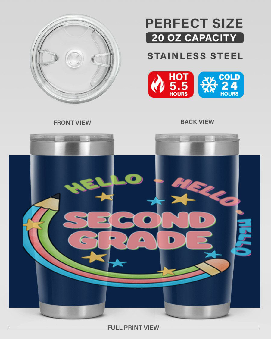 Hello 2nd Grade Pencil 10# tumbler in vibrant colors, showcasing a pencil design, made of stainless steel with a drink-thru lid.