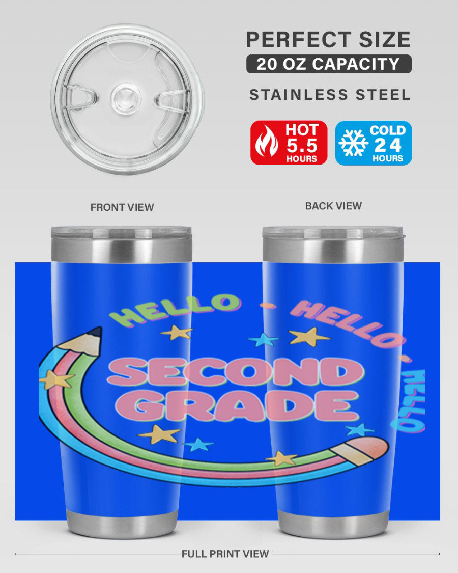 Hello 2nd Grade Pencil 10# tumbler in vibrant colors, showcasing a pencil design, made of stainless steel with a drink-thru lid.