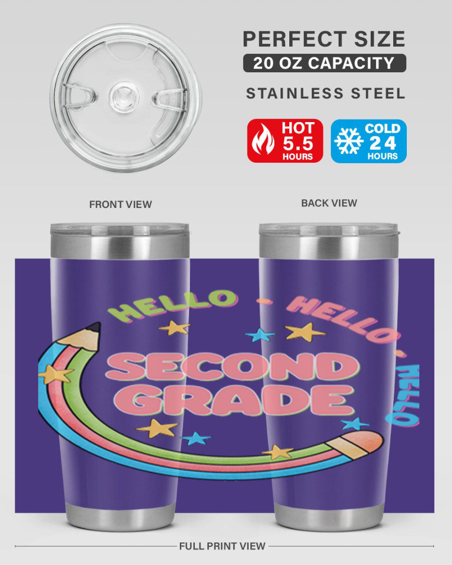 Hello 2nd Grade Pencil 10# tumbler in vibrant colors, showcasing a pencil design, made of stainless steel with a drink-thru lid.