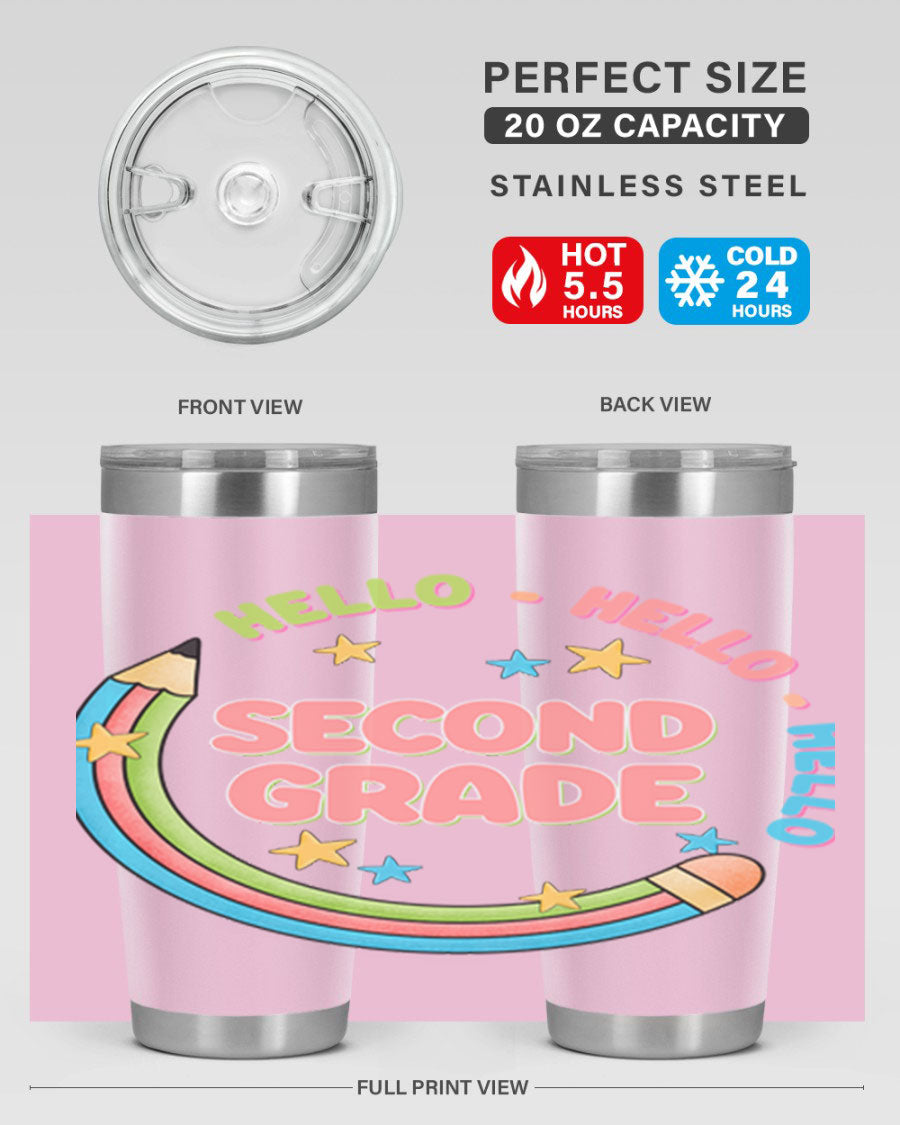 Hello 2nd Grade Pencil 10# tumbler in vibrant colors, showcasing a pencil design, made of stainless steel with a drink-thru lid.