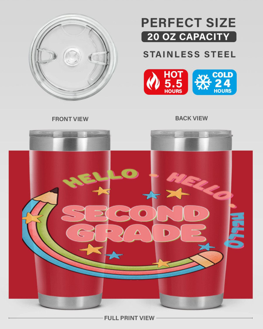 Hello 2nd Grade Pencil 10# tumbler in vibrant colors, showcasing a pencil design, made of stainless steel with a drink-thru lid.