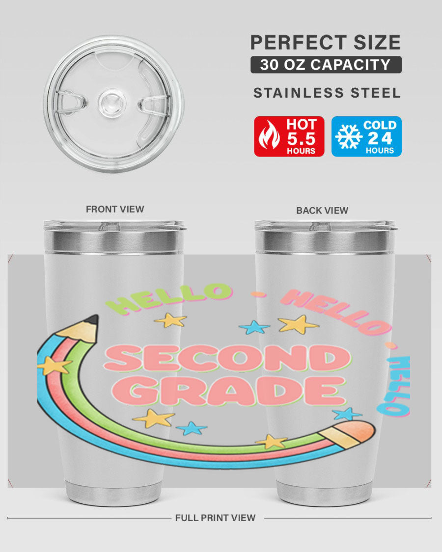 Hello 2nd Grade Pencil 10# tumbler in vibrant colors, showcasing a pencil design, made of stainless steel with a drink-thru lid.