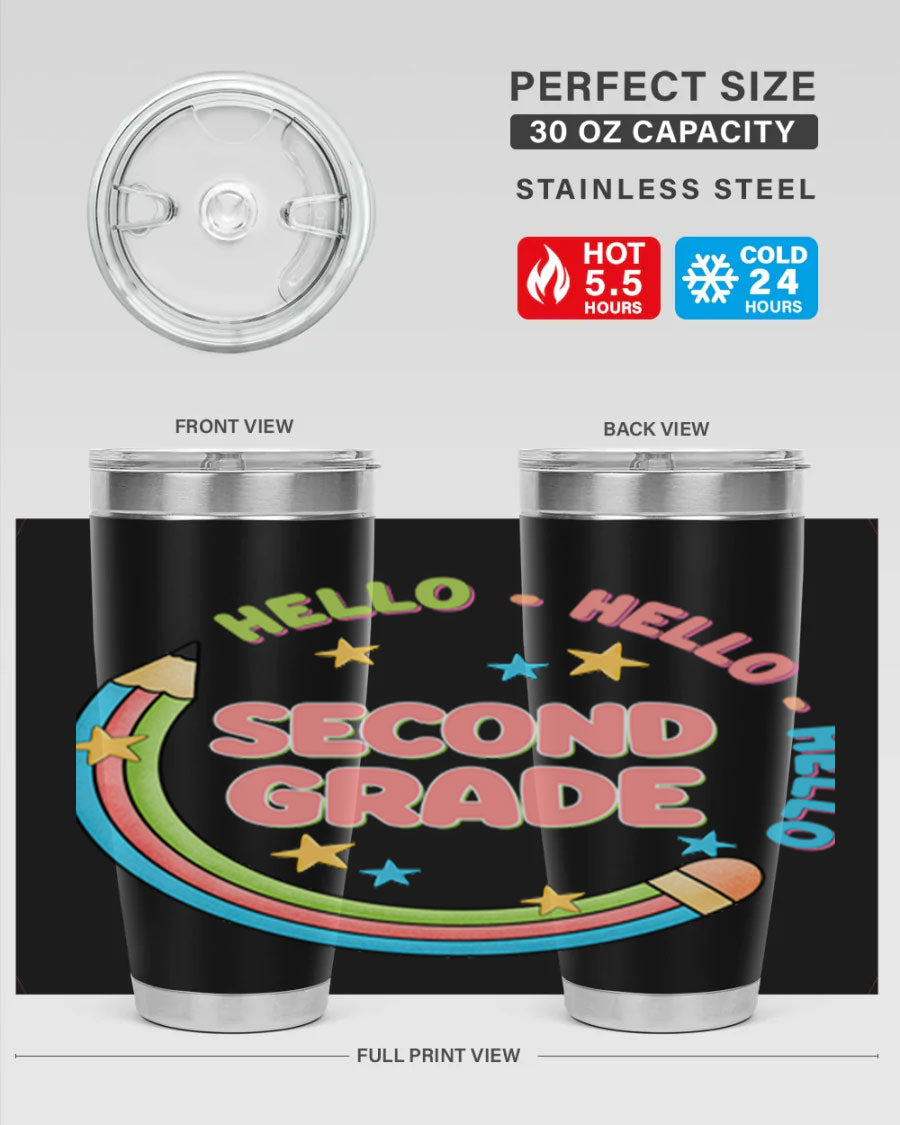 Hello 2nd Grade Pencil 10# tumbler in vibrant colors, showcasing a pencil design, made of stainless steel with a drink-thru lid.