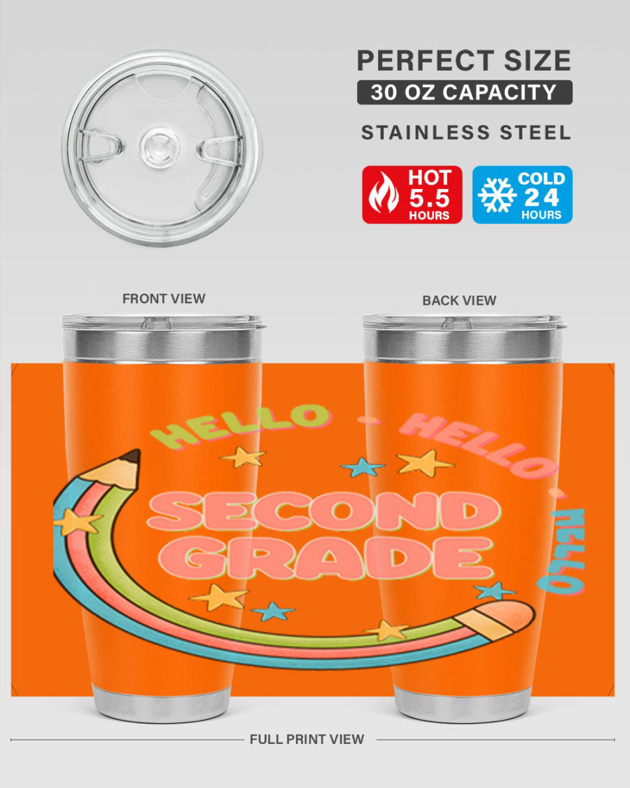 Hello 2nd Grade Pencil 10# tumbler in vibrant colors, showcasing a pencil design, made of stainless steel with a drink-thru lid.