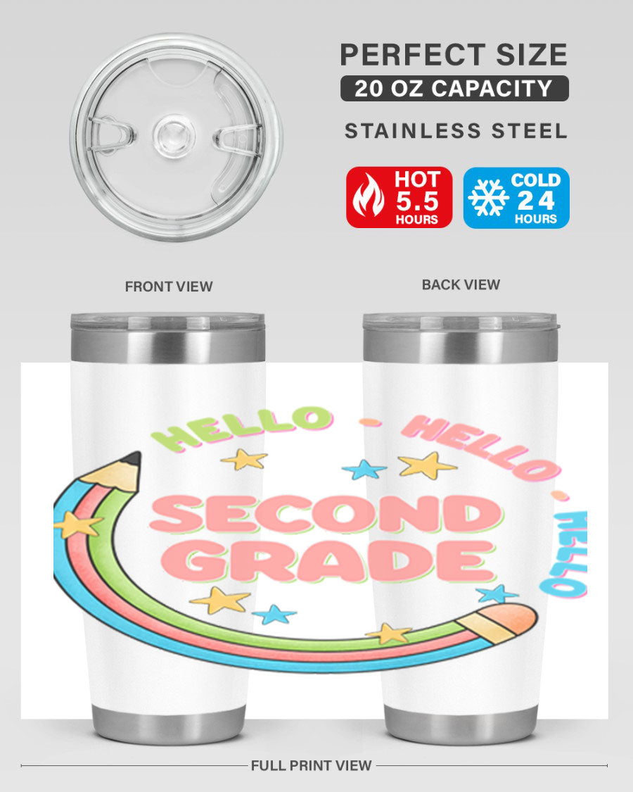 Hello 2nd Grade Pencil 10# tumbler in vibrant colors, showcasing a pencil design, made of stainless steel with a drink-thru lid.