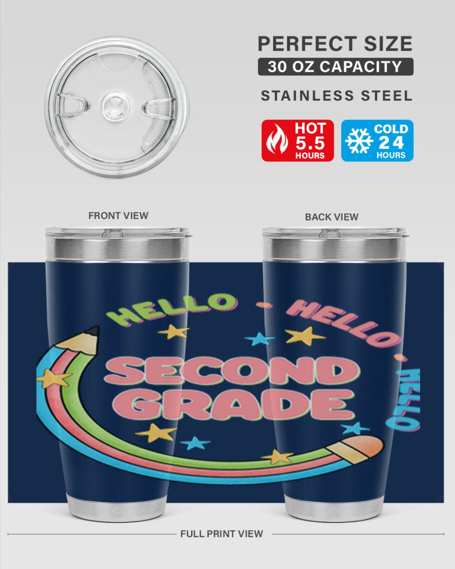 Hello 2nd Grade Pencil 10# tumbler in vibrant colors, showcasing a pencil design, made of stainless steel with a drink-thru lid.