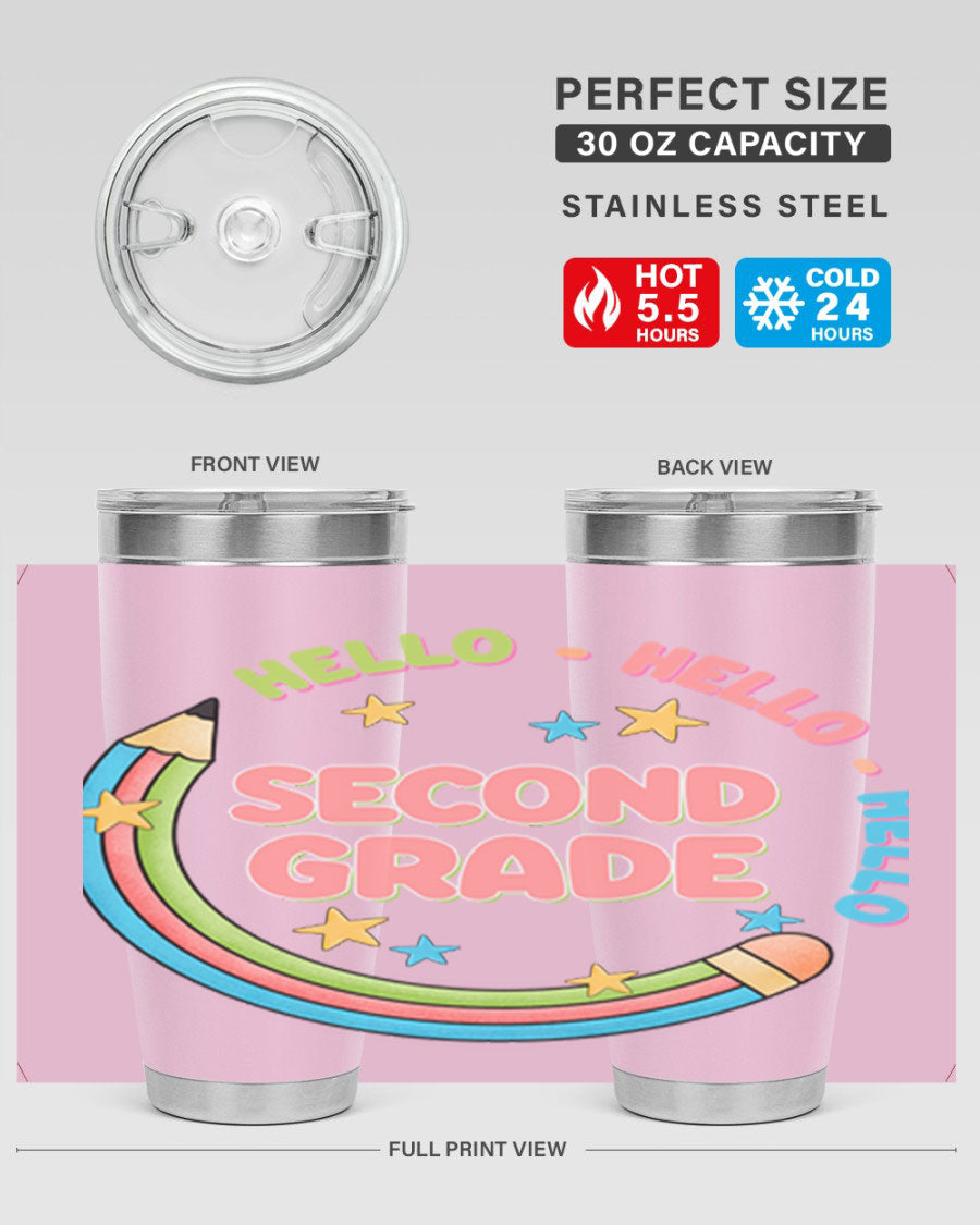 Hello 2nd Grade Pencil 10# tumbler in vibrant colors, showcasing a pencil design, made of stainless steel with a drink-thru lid.