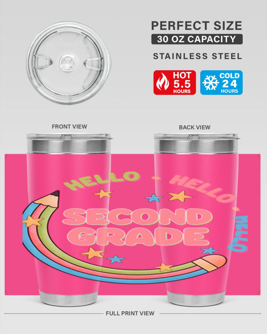 Hello 2nd Grade Pencil 10# tumbler in vibrant colors, showcasing a pencil design, made of stainless steel with a drink-thru lid.