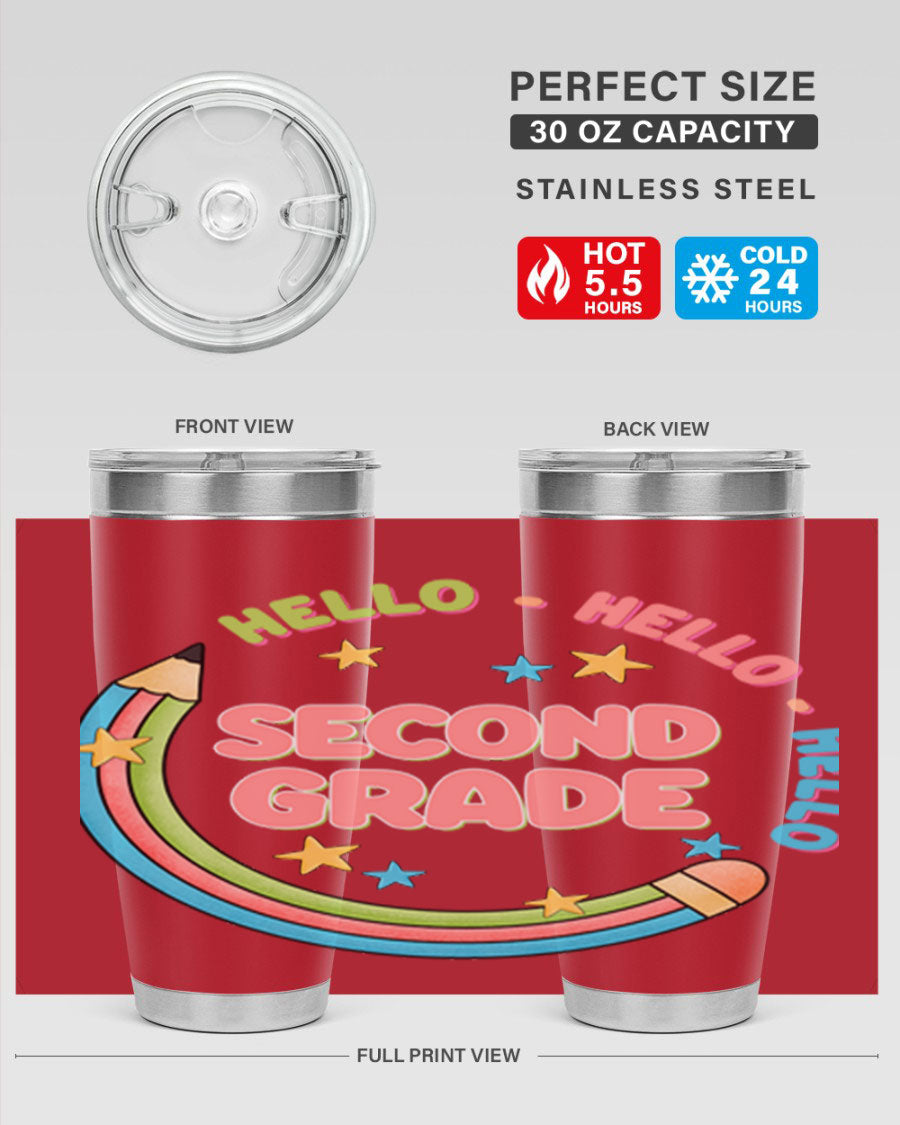 Hello 2nd Grade Pencil 10# tumbler in vibrant colors, showcasing a pencil design, made of stainless steel with a drink-thru lid.