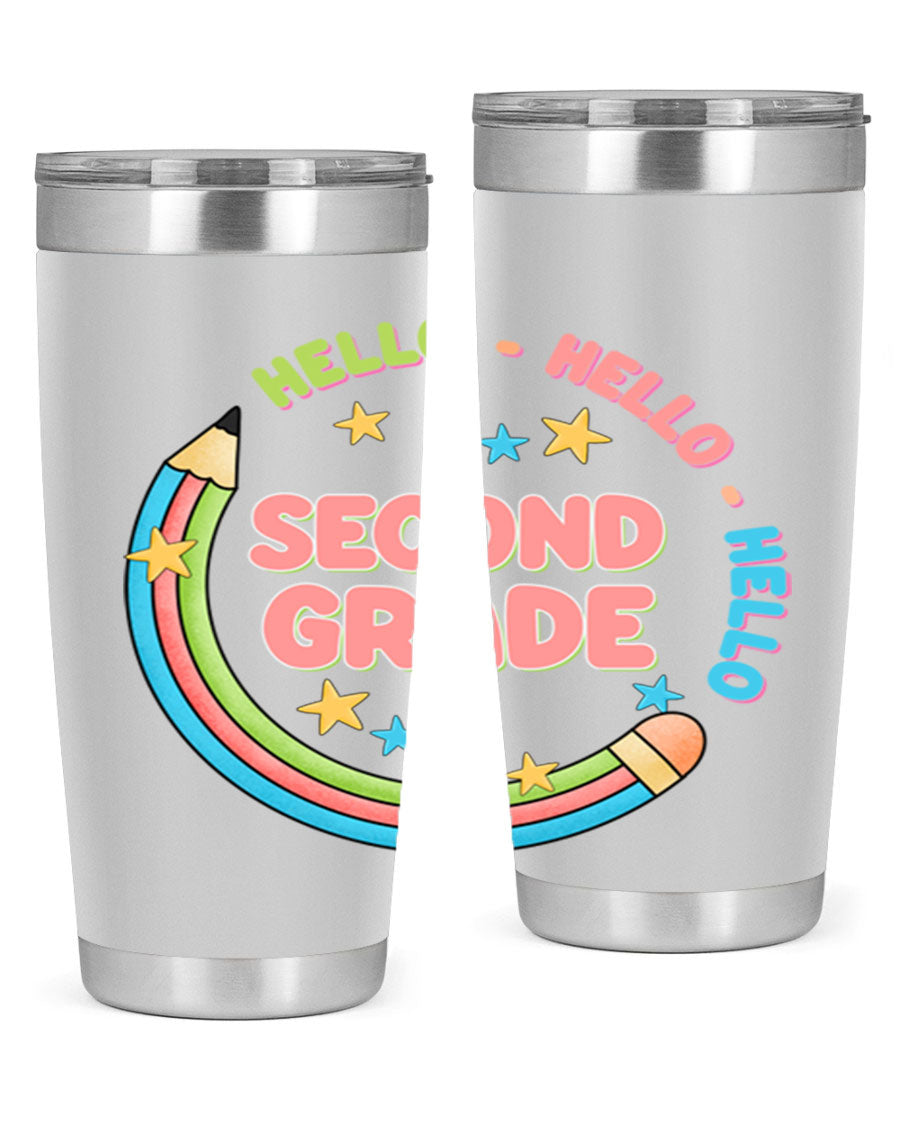 Hello 2nd Grade Pencil 10# tumbler in vibrant colors, showcasing a pencil design, made of stainless steel with a drink-thru lid.