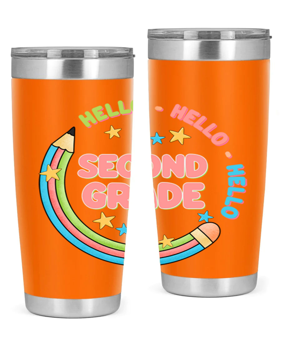 Hello 2nd Grade Pencil 10# tumbler in vibrant colors, showcasing a pencil design, made of stainless steel with a drink-thru lid.