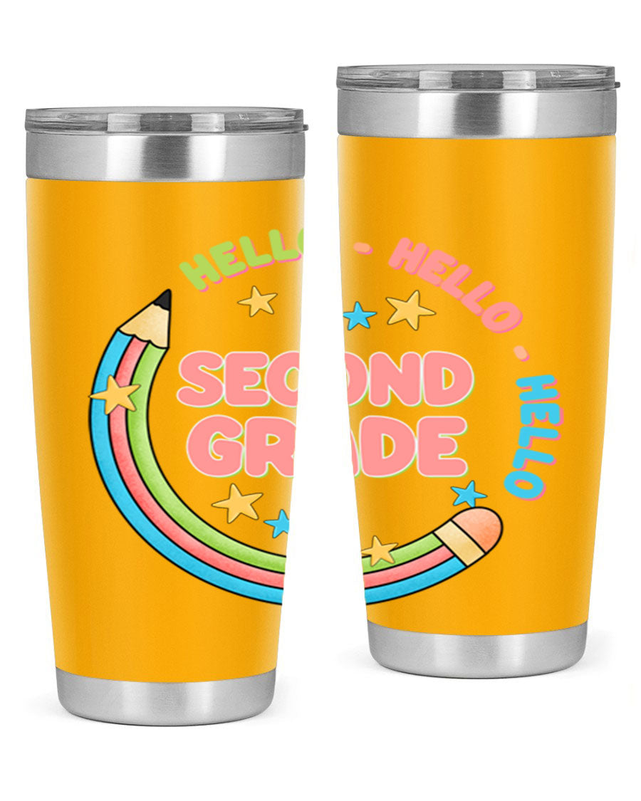 Hello 2nd Grade Pencil 10# tumbler in vibrant colors, showcasing a pencil design, made of stainless steel with a drink-thru lid.