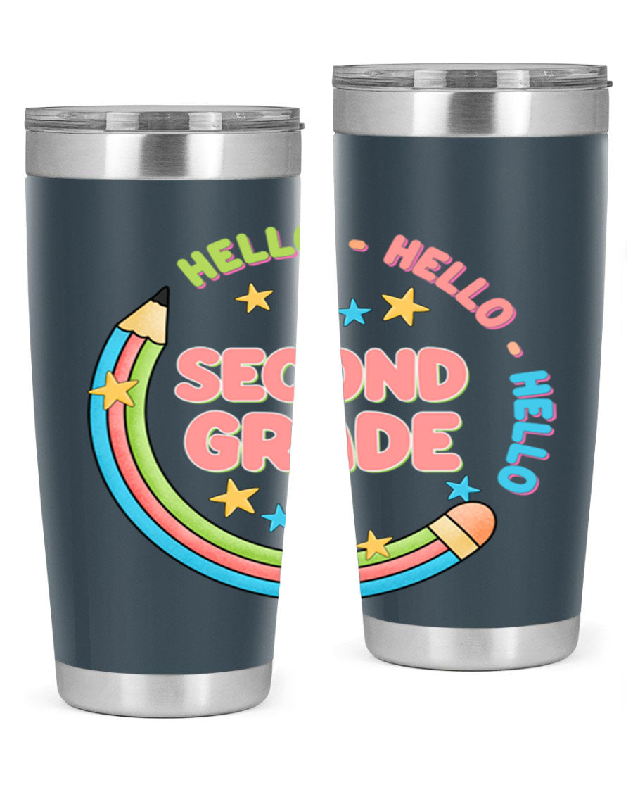 Hello 2nd Grade Pencil 10# tumbler in vibrant colors, showcasing a pencil design, made of stainless steel with a drink-thru lid.