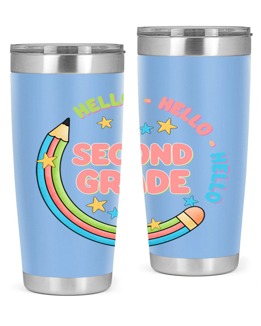 Hello 2nd Grade Pencil 10# tumbler in vibrant colors, showcasing a pencil design, made of stainless steel with a drink-thru lid.