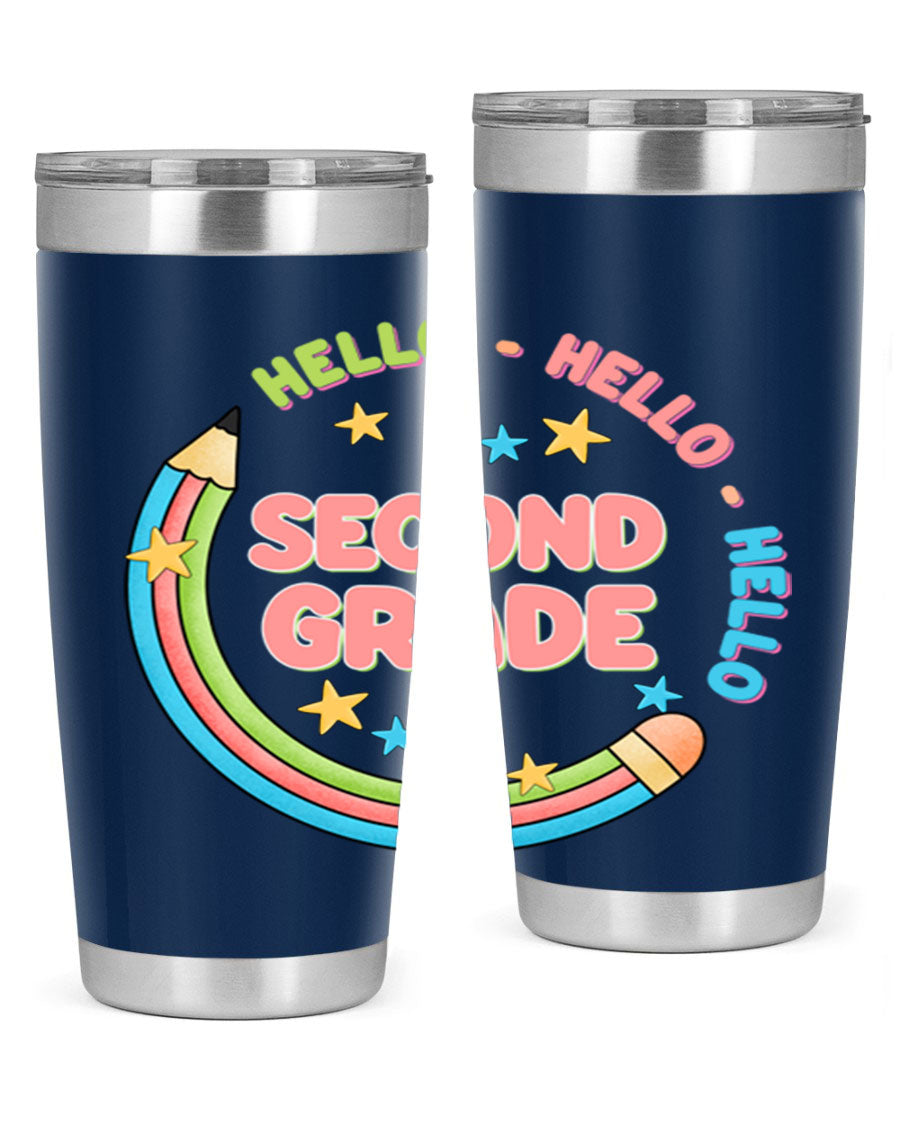 Hello 2nd Grade Pencil 10# tumbler in vibrant colors, showcasing a pencil design, made of stainless steel with a drink-thru lid.