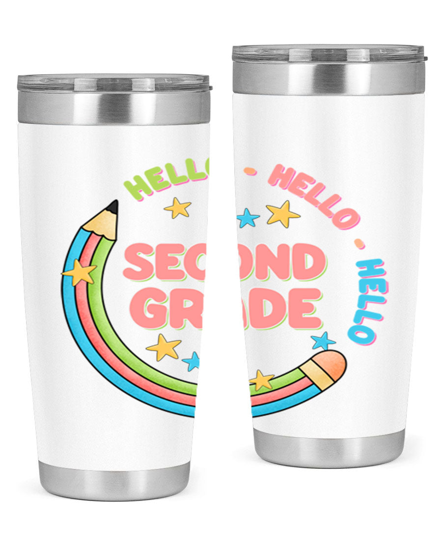 Hello 2nd Grade Pencil 10# tumbler in vibrant colors, showcasing a pencil design, made of stainless steel with a drink-thru lid.
