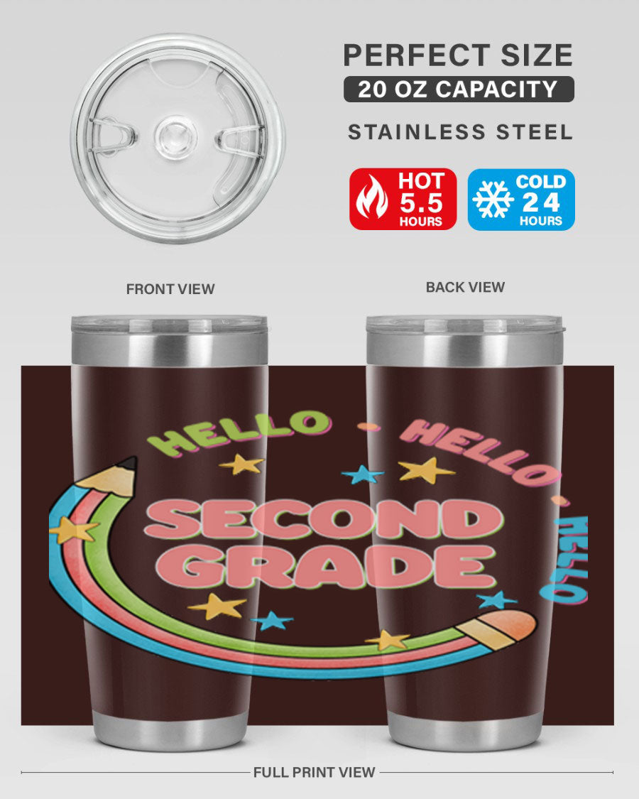 Hello 2nd Grade Pencil 10# tumbler in vibrant colors, showcasing a pencil design, made of stainless steel with a drink-thru lid.