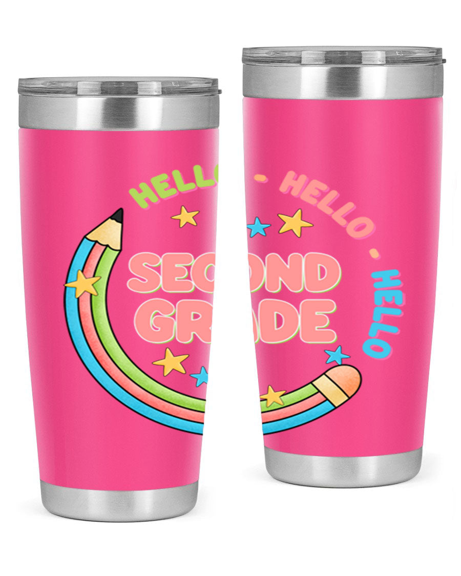 Hello 2nd Grade Pencil 10# tumbler in vibrant colors, showcasing a pencil design, made of stainless steel with a drink-thru lid.