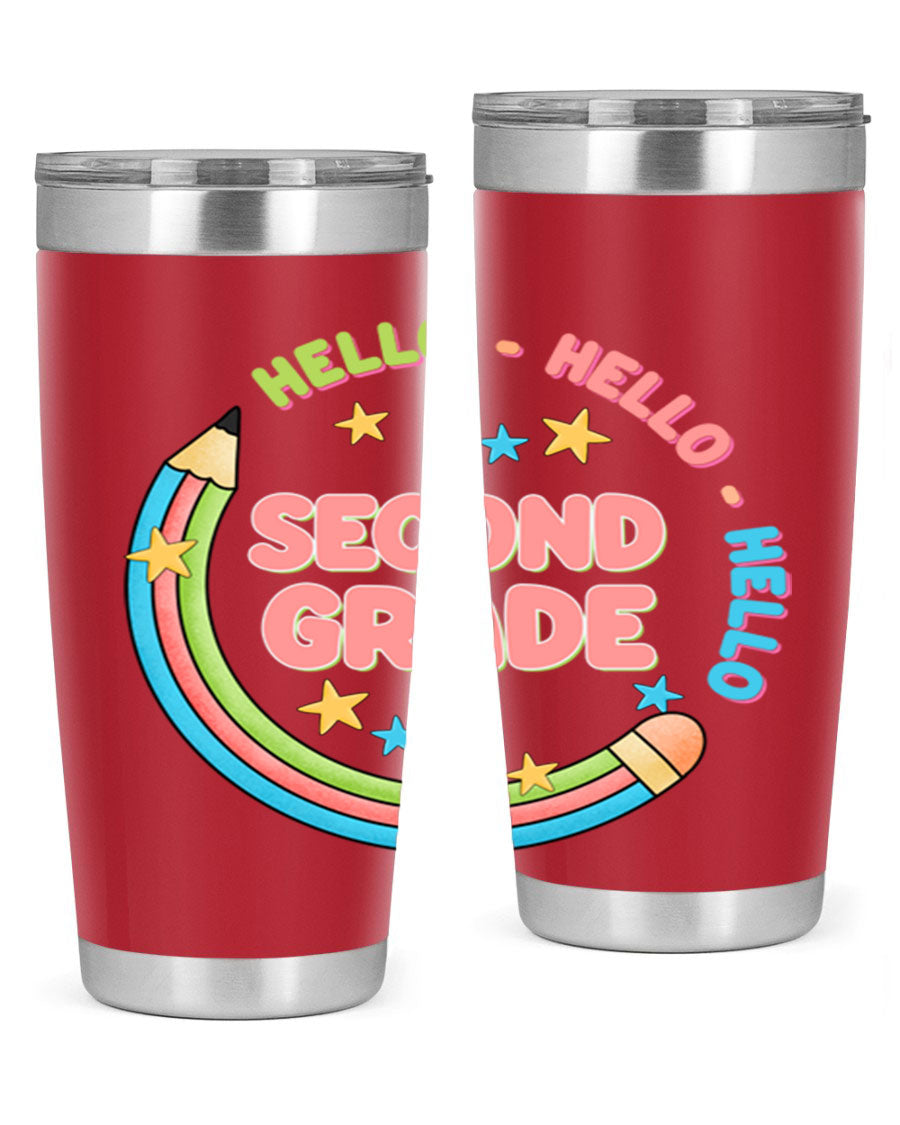 Hello 2nd Grade Pencil 10# tumbler in vibrant colors, showcasing a pencil design, made of stainless steel with a drink-thru lid.