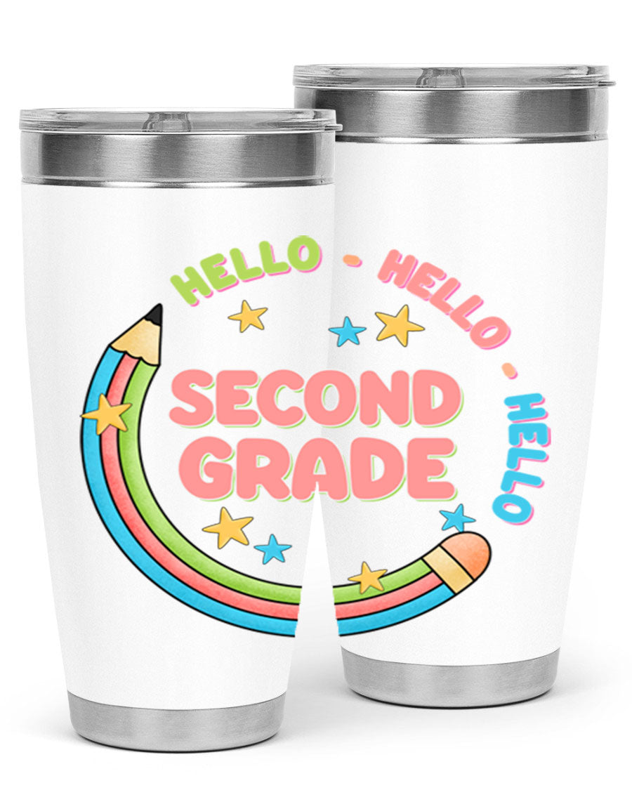 Hello 2nd Grade Pencil 10# tumbler in vibrant colors, showcasing a pencil design, made of stainless steel with a drink-thru lid.
